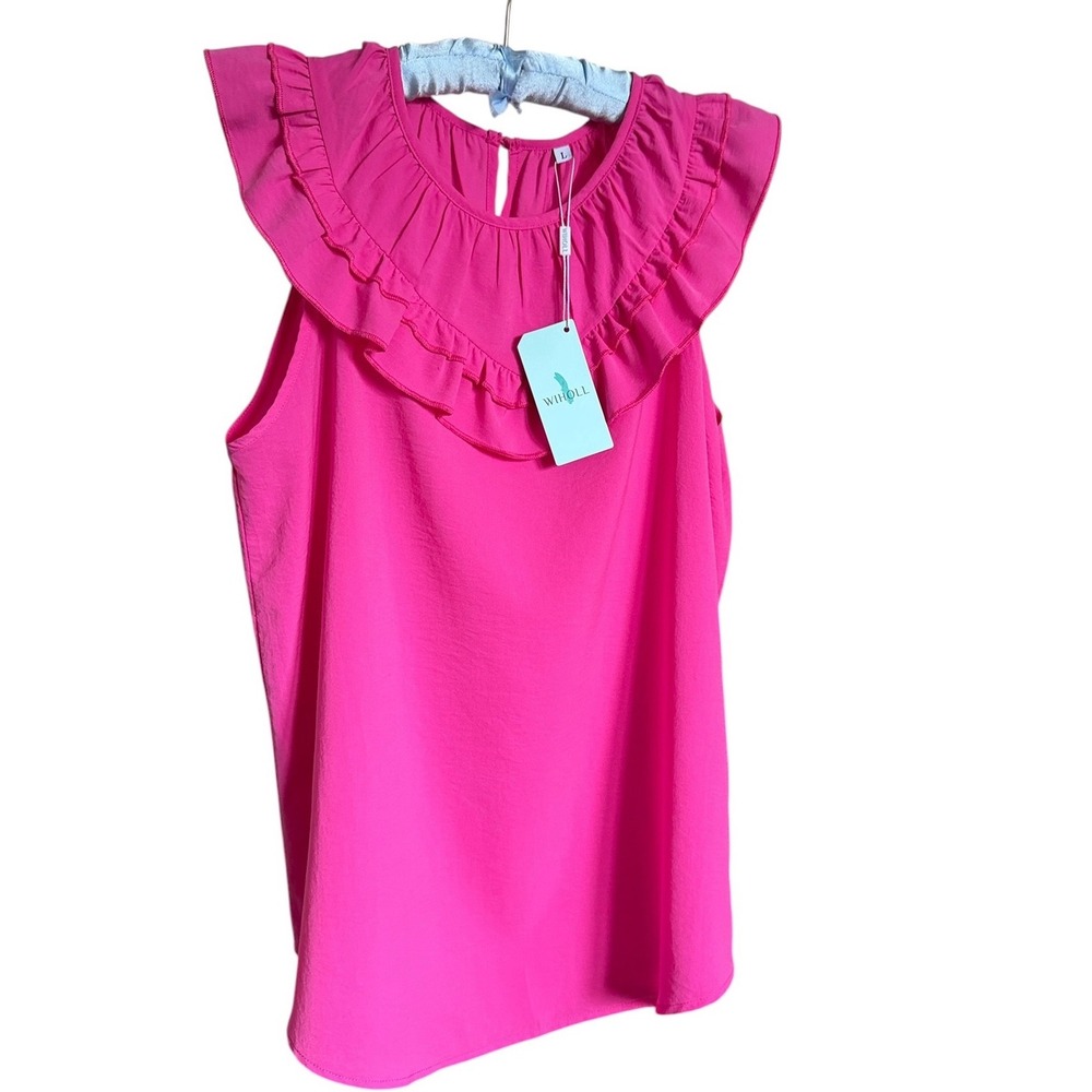 WIHOLL Womens Hot Pink Ruffle Neck Sleeveless Blouse Size L NWT Barbiecore Top